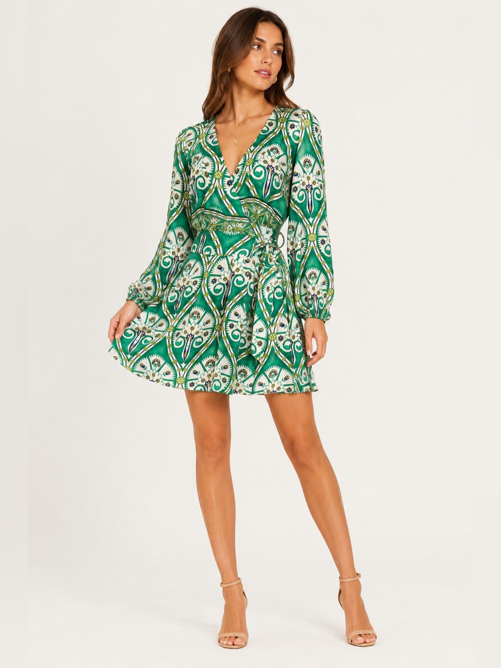 Kasia Green Printed Wrap Mini Dress Long Sleeve Boho